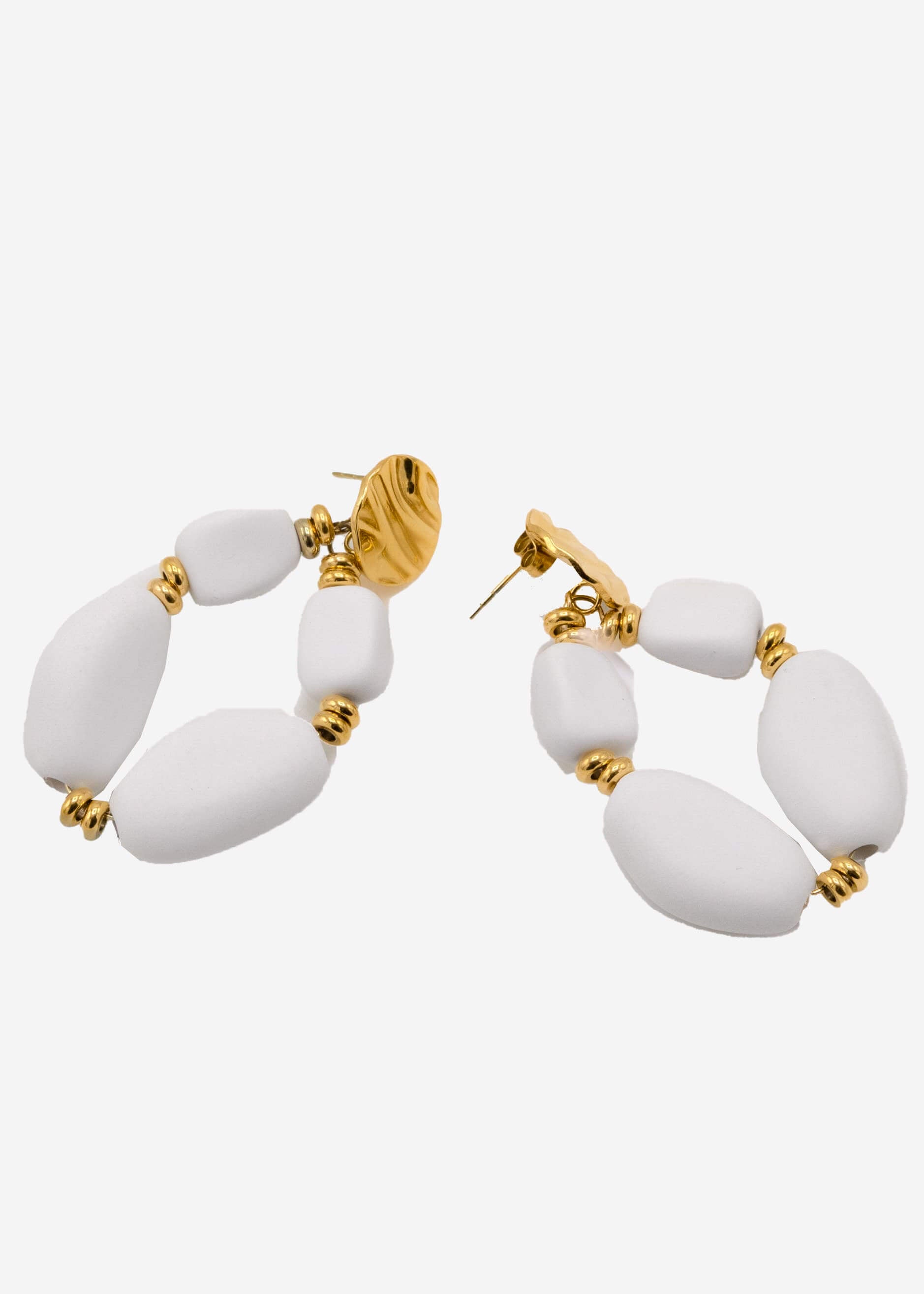 Gold earrings with large pearls, matt white