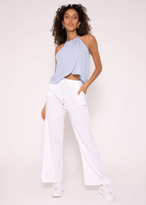 Shimmering, off-the-shoulder viscose top, light blue