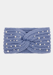Knitted headband with pearls - blue