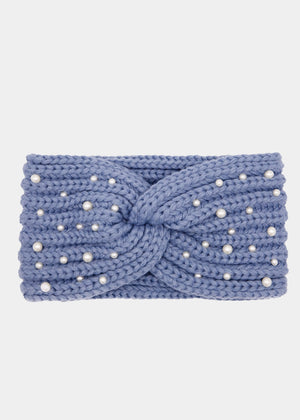 Knitted headband with pearls - blue