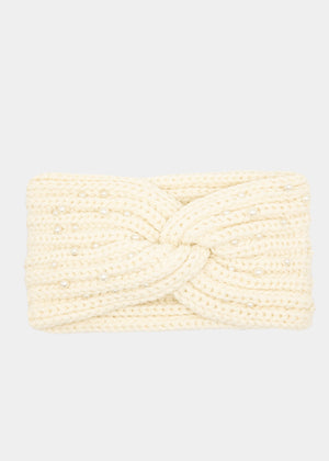 Knitted headband with pearls - off-white