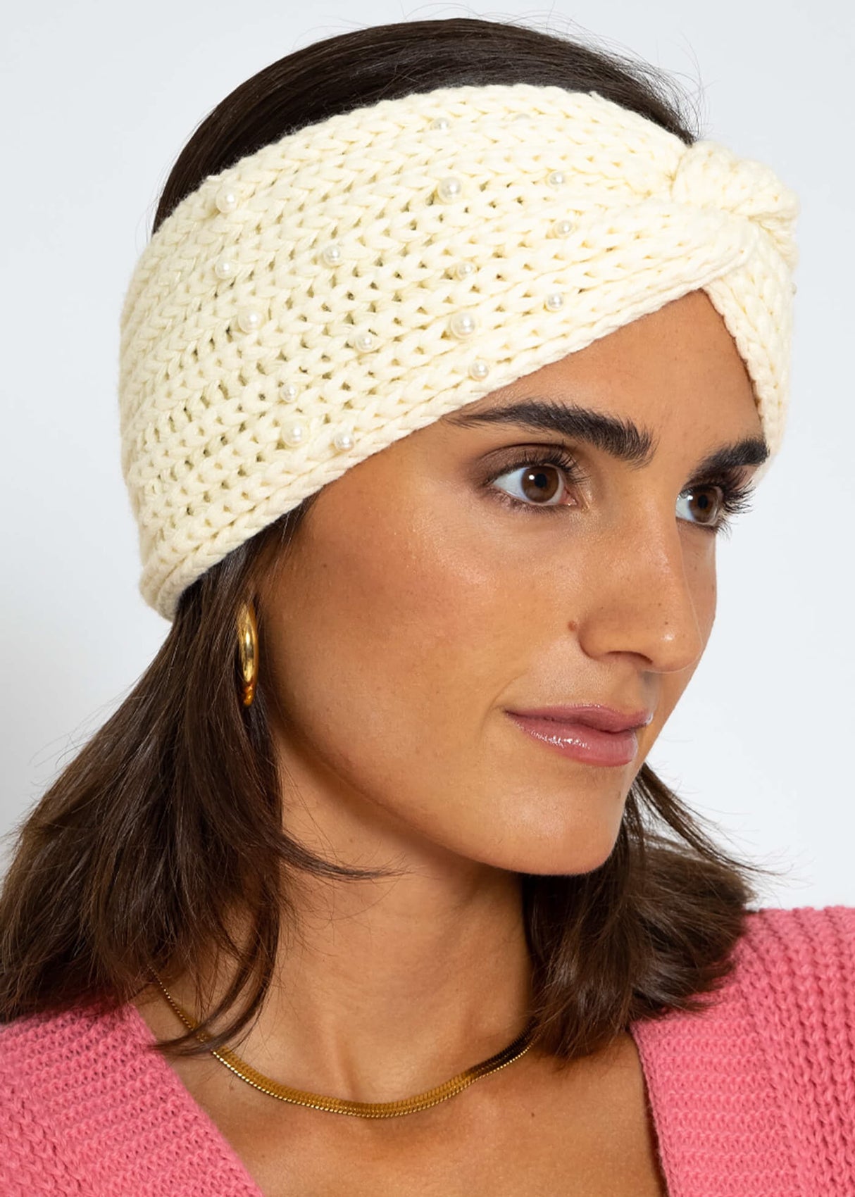 Knitted headband with pearls - off-white