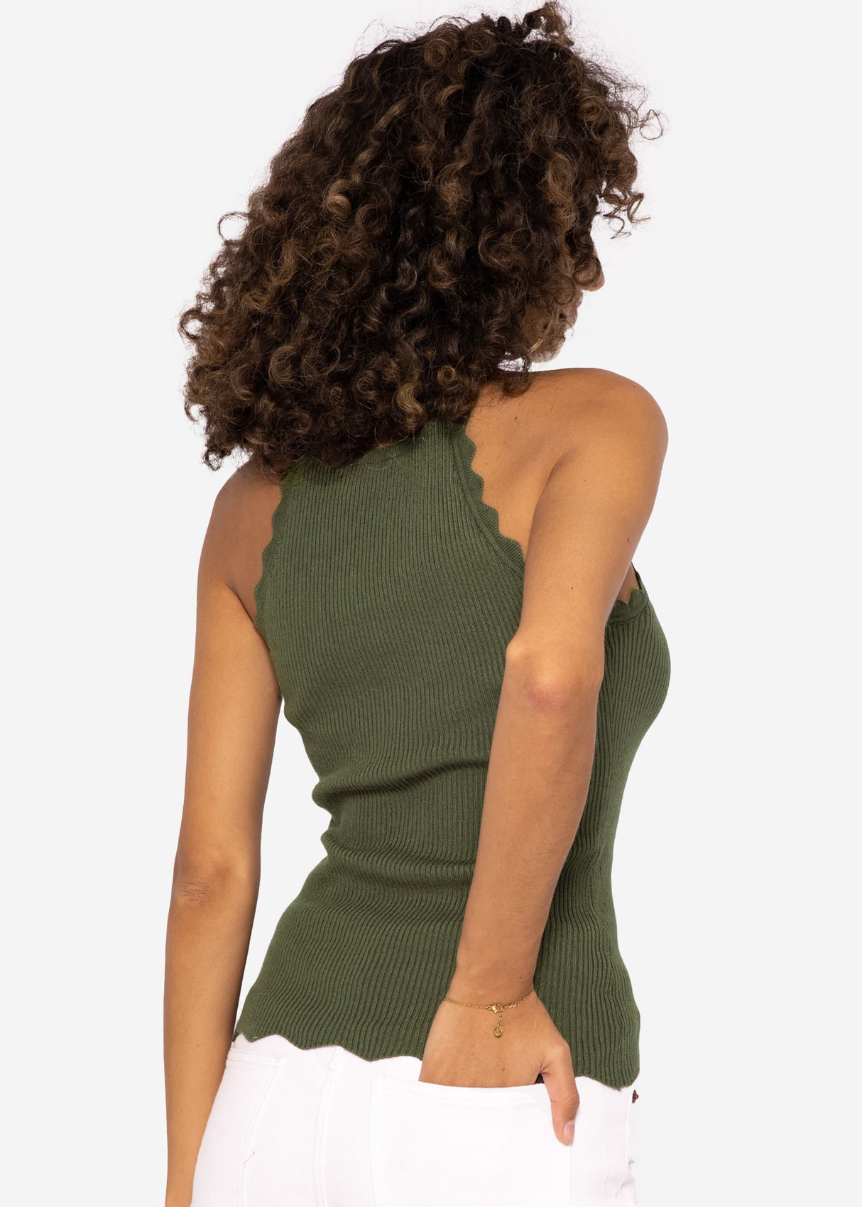Knit top with scalloped edge, khaki