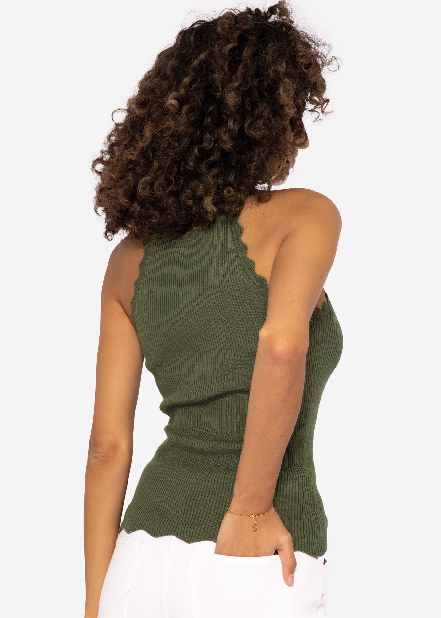 Knit top with scalloped edge, khaki