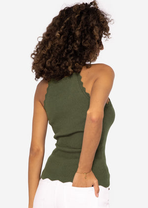 Knit top with scalloped edge, khaki