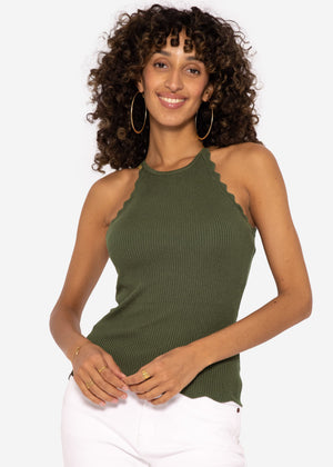 Knit top with scalloped edge, khaki