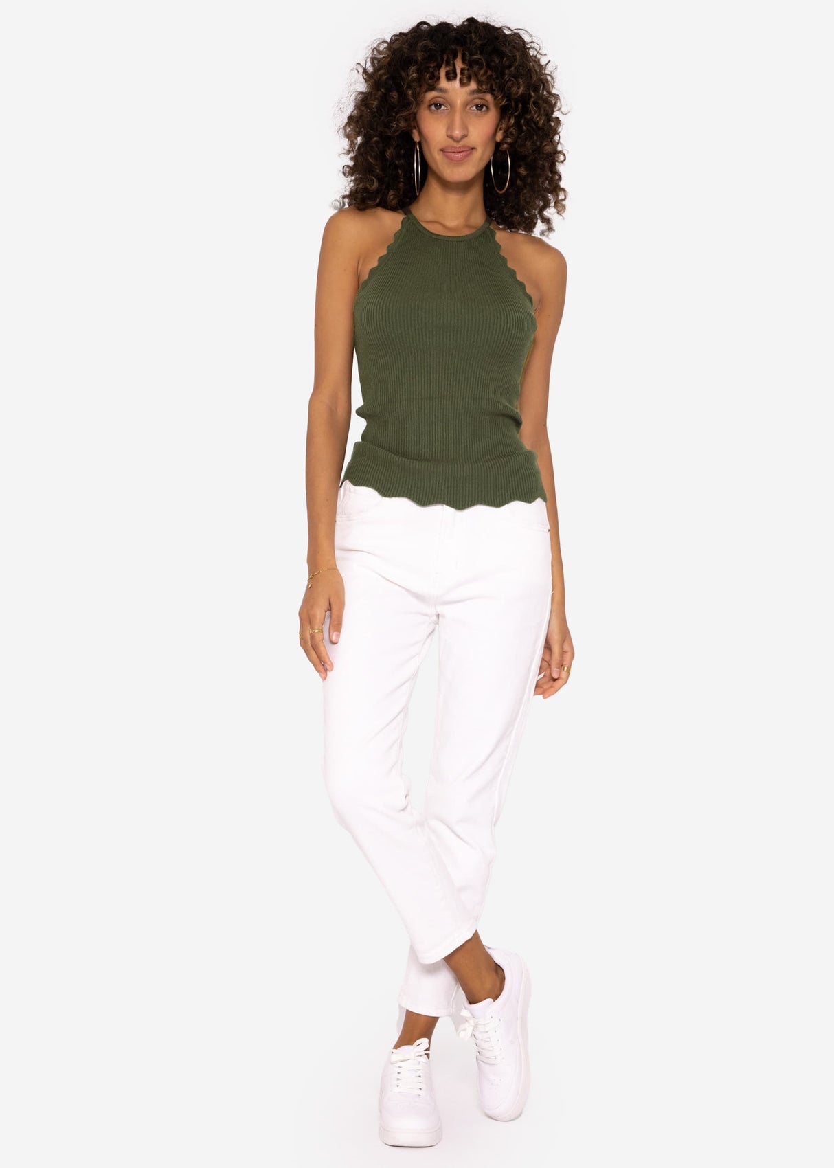 Knit top with scalloped edge, khaki