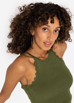 Knit top with scalloped edge, khaki