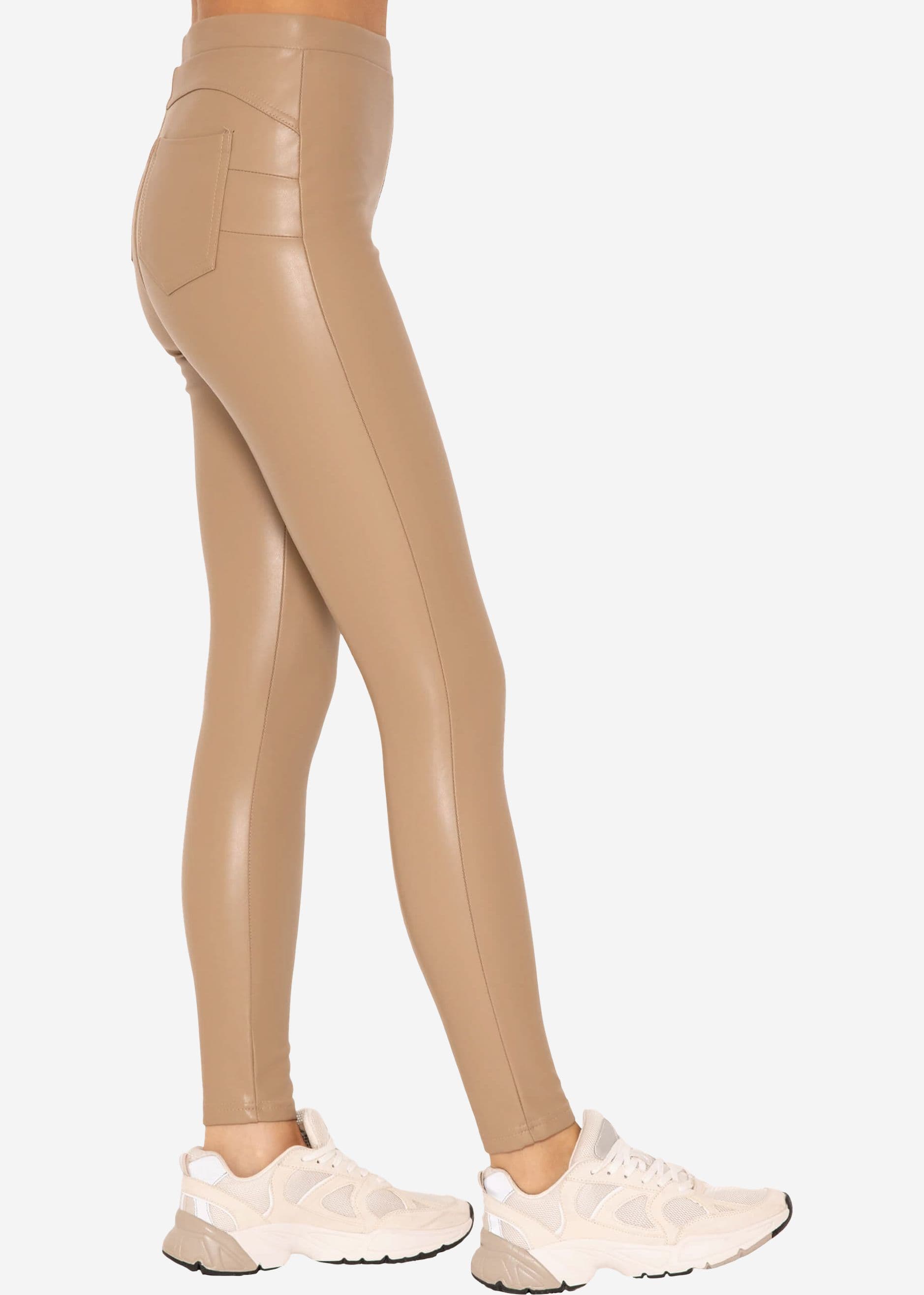 Thermo Lederleggings mit aufgesetzten Taschen, beige