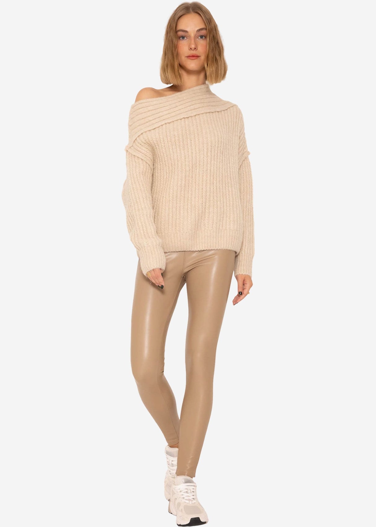 Thermo Lederleggings mit aufgesetzten Taschen, beige