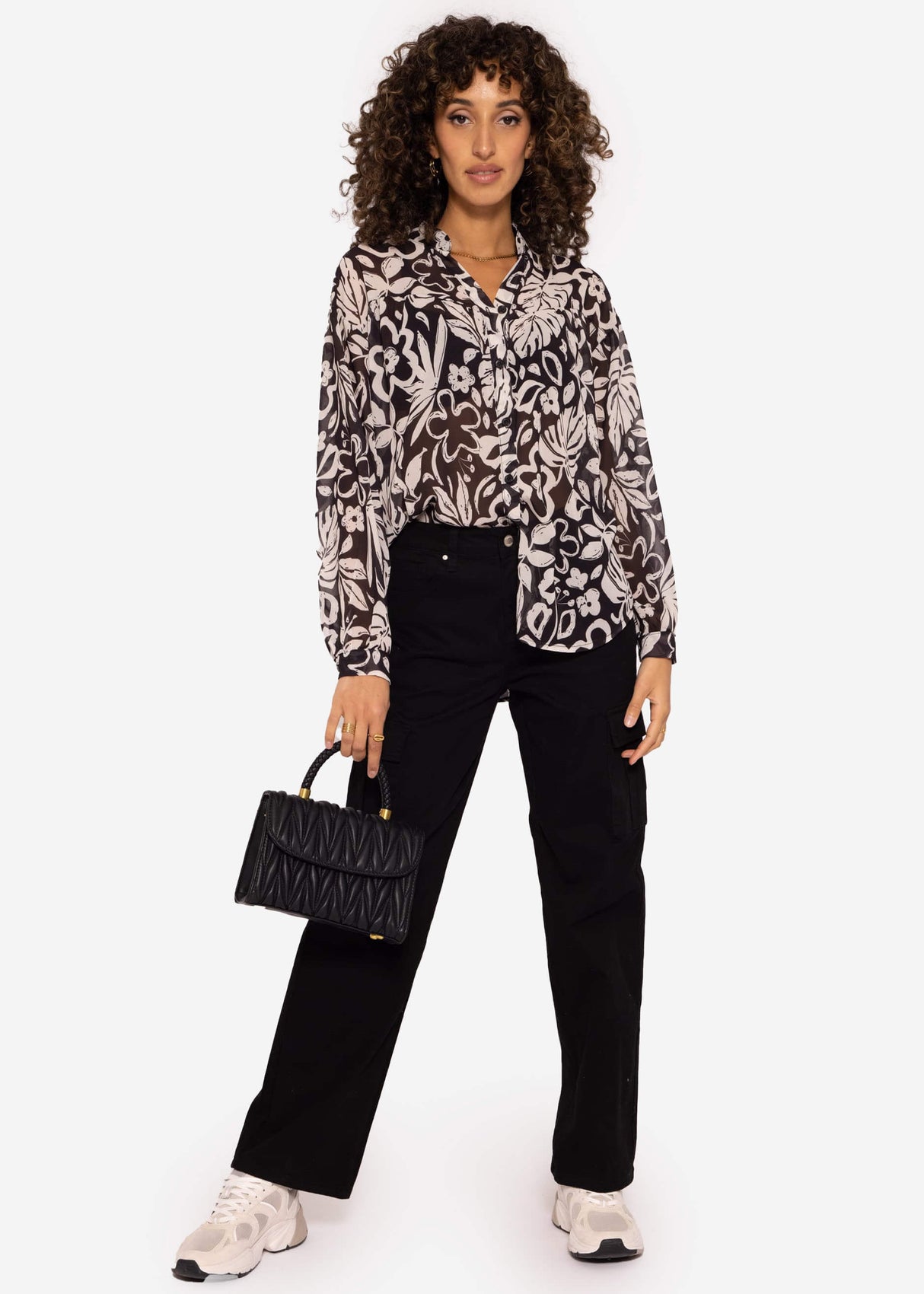 Transparente Bluse mit Print schwarz/offwhite