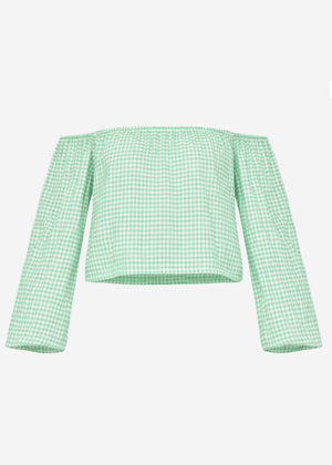 Off-the-shoulder muslin top with Vichy print - sage green and white