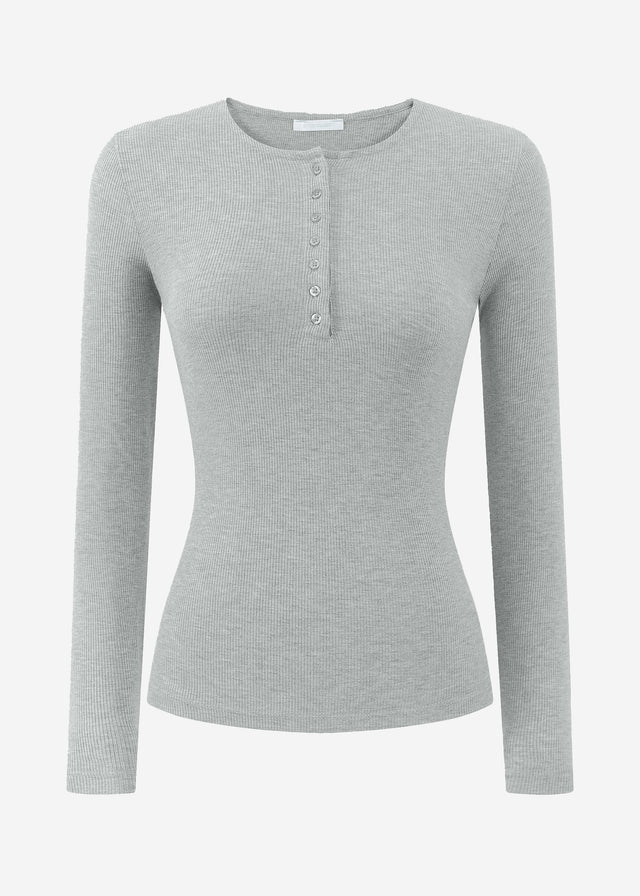 Ribbed long-sleeved top with button placket - grey