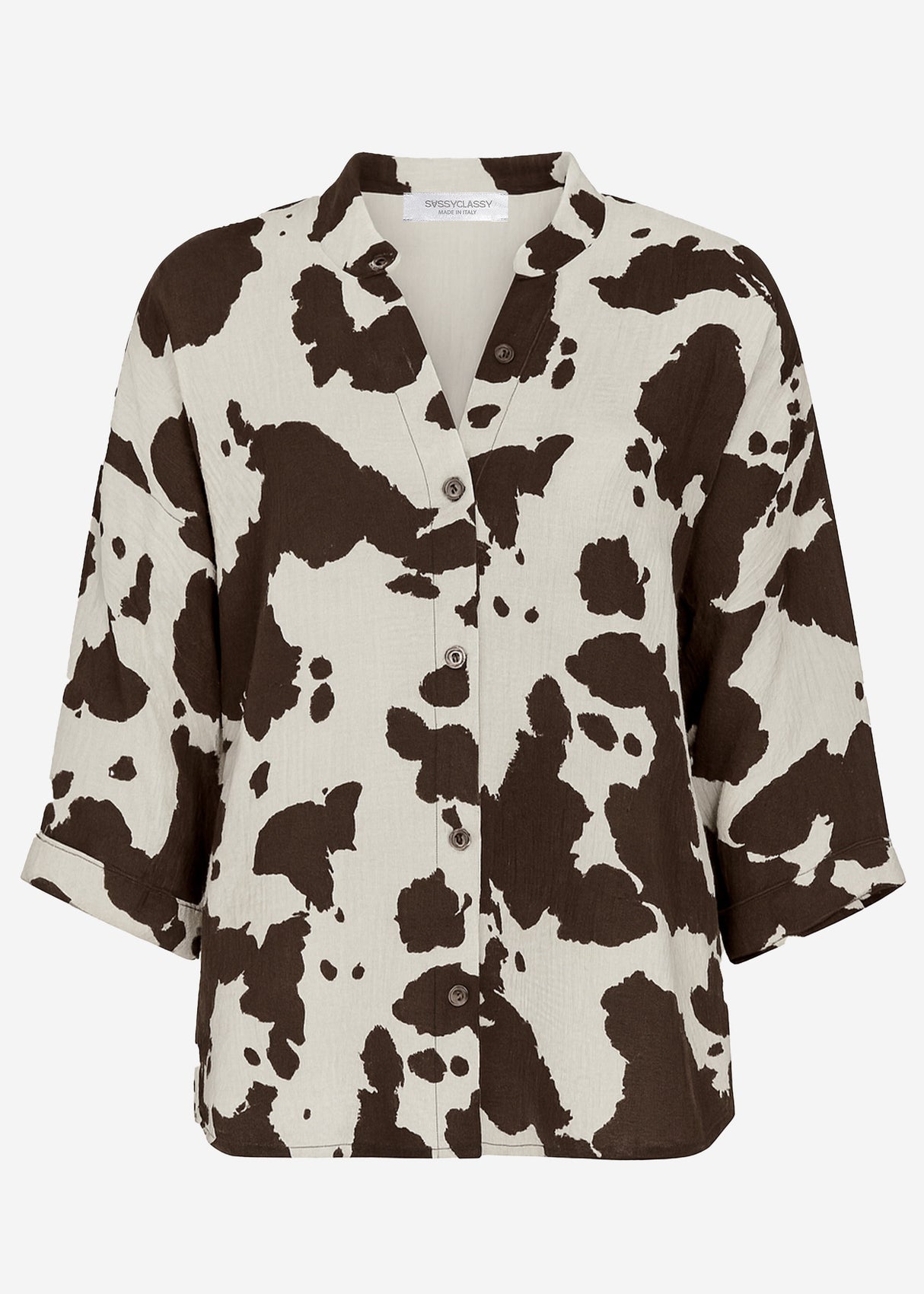 Muslin blouse with short sleeves in cow print - brown