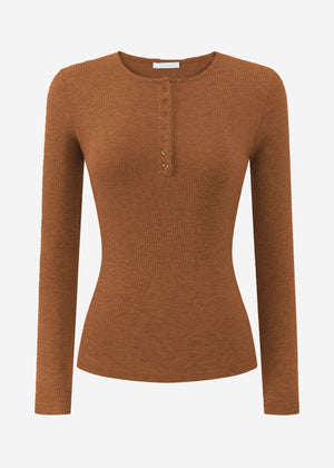 Ribbed long-sleeved shirt with button placket - brown
