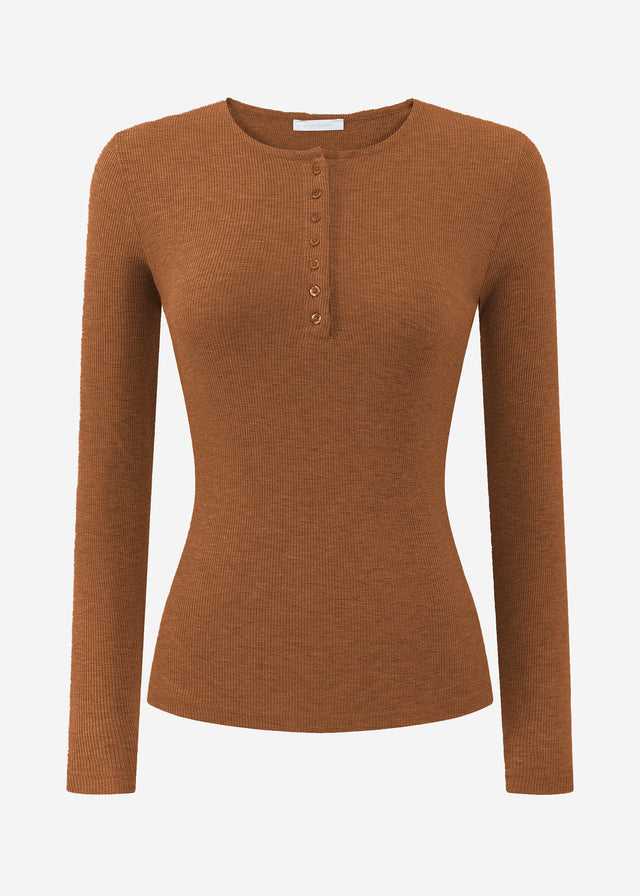 Ribbed long-sleeved top with button placket - brown