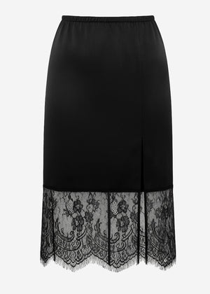 Satin skirt with lace hem - black