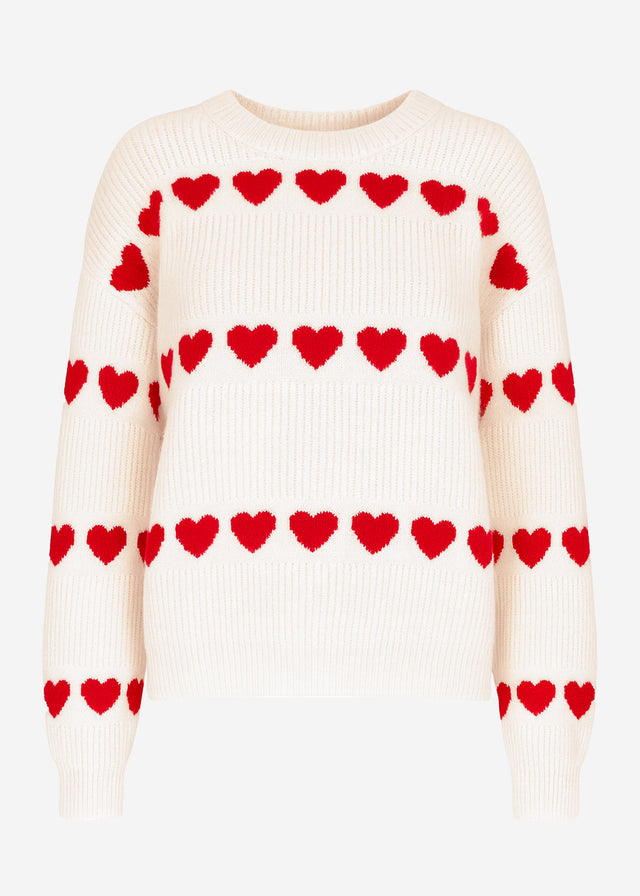 Oversize Pullover mit roten Herzen - offwhite