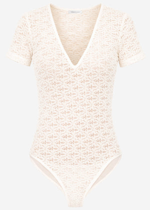 Short-sleeved bodysuit in floral lace - off-white