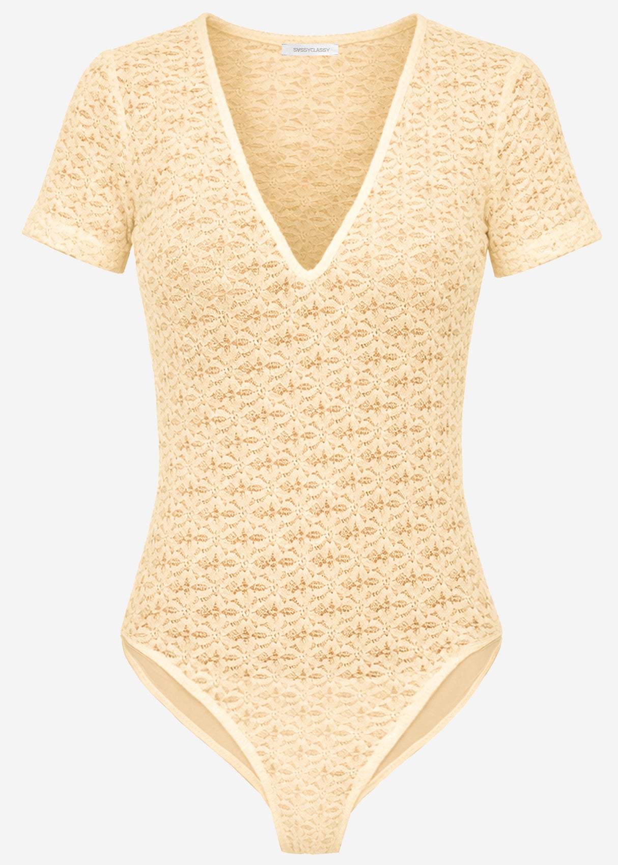 Short-sleeved bodysuit in floral lace - butter yellow