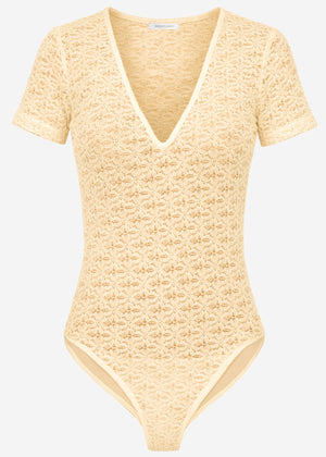 Short-sleeved bodysuit in floral lace - butter yellow