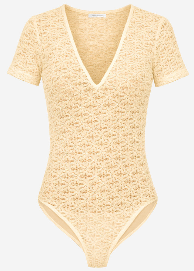 Short-sleeved floral lace bodysuit - yellow