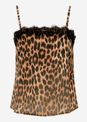 Satin top in leopard print with lace - brown