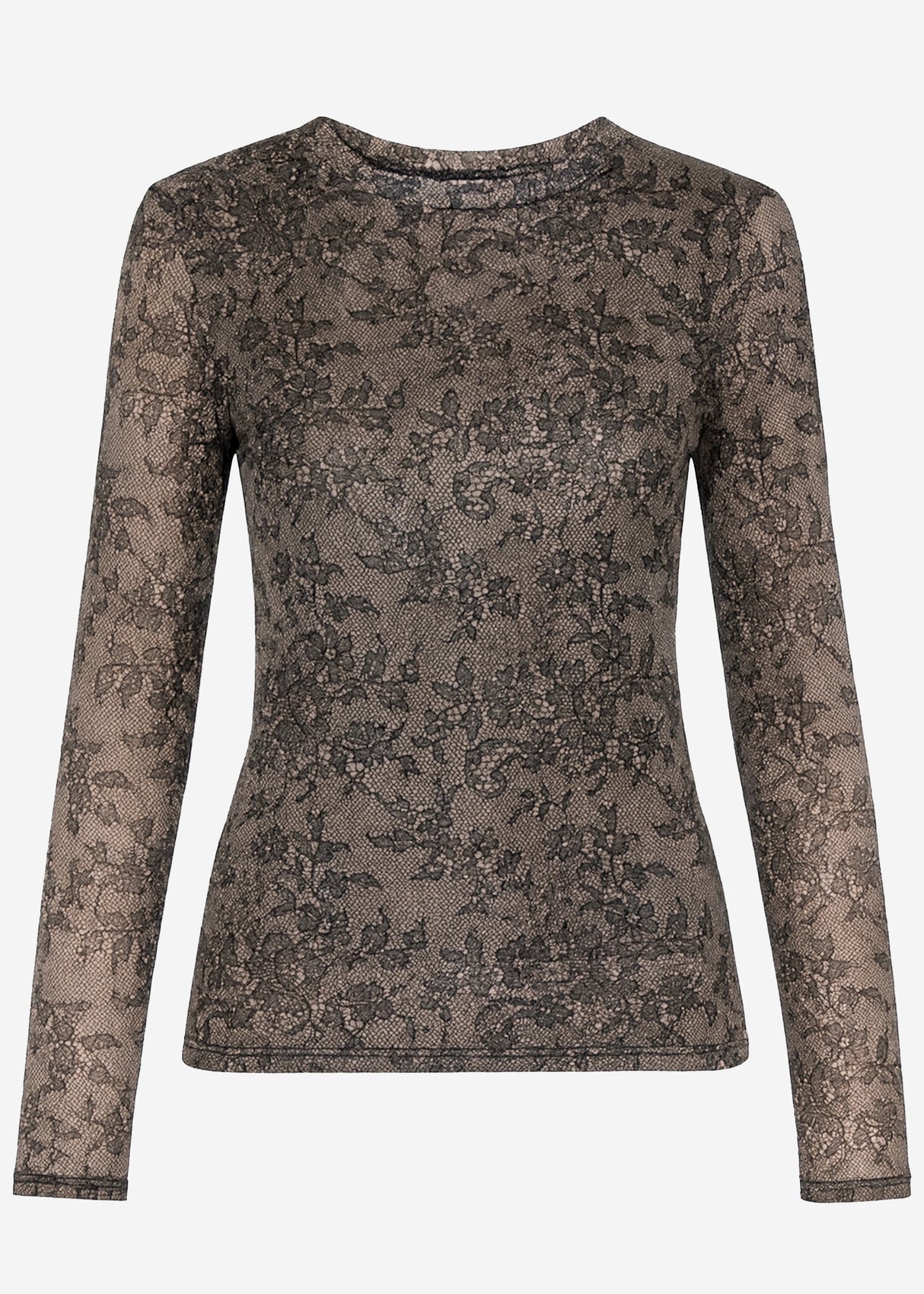 Mesh Langarmshirt mit Spitzen-Print - schwarz