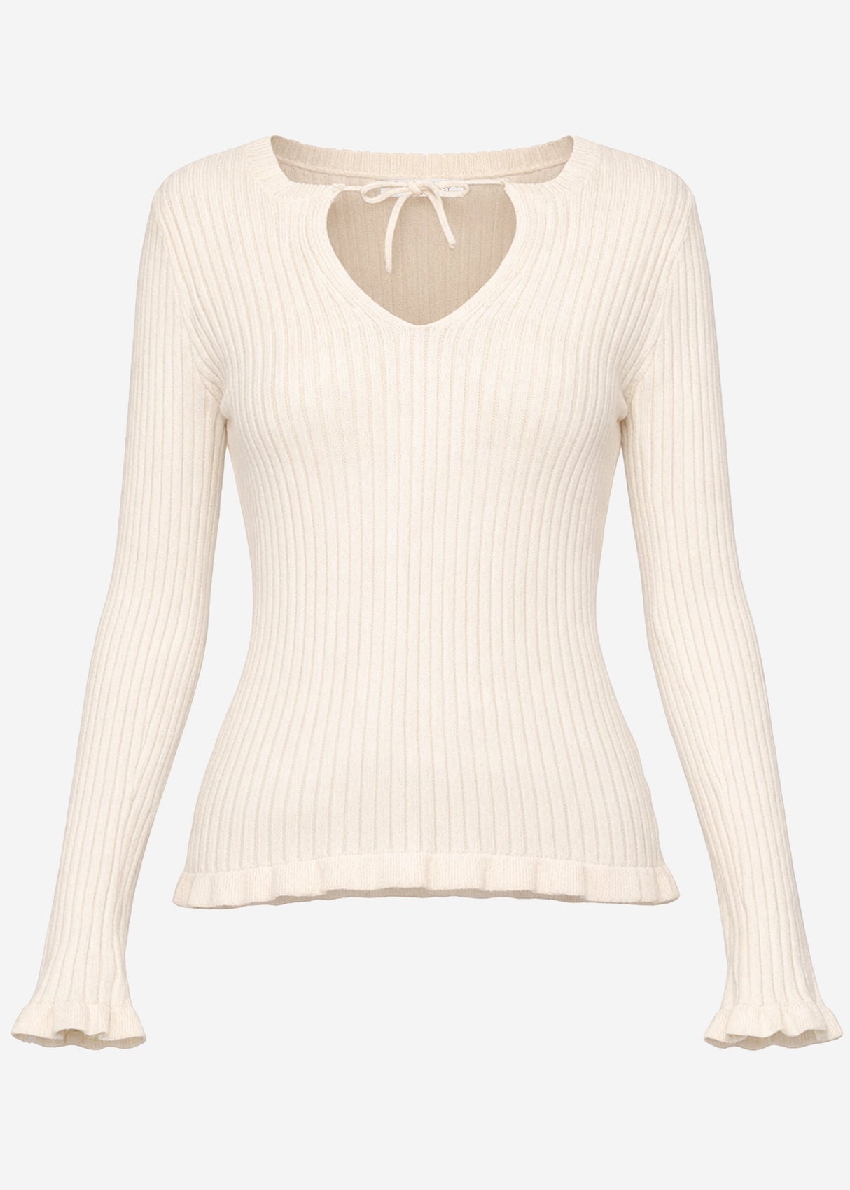Ribbed knit top with bow at the neckline - beige