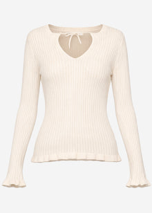 Rippstrickoberteil mit Bindeband am Ausschnitt - beige