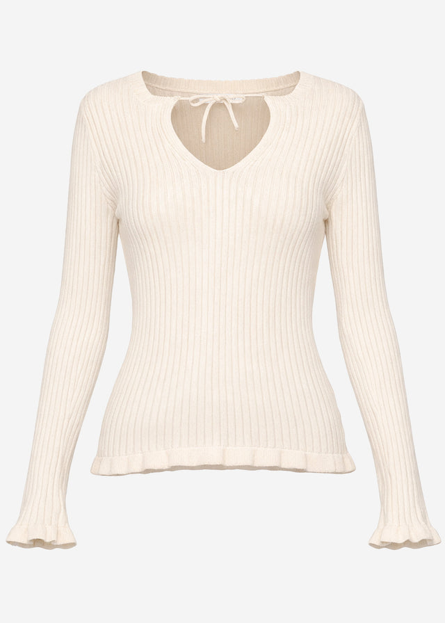 Rippstrickoberteil mit Bindeband am Ausschnitt - beige