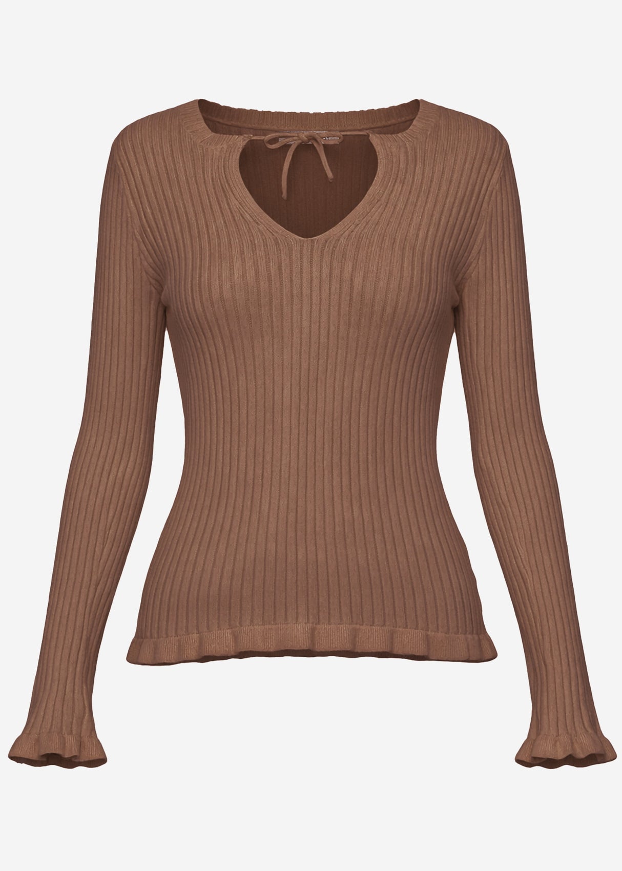 Ribbed knit top with bow at the neckline - brown