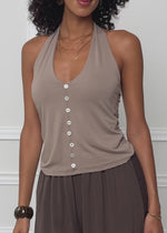 Neckholder-Top mit Zierknöpfen - taupe