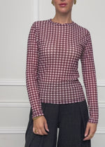 Mesh Langarmshirt mit Hahnentrittmuster - burgundy