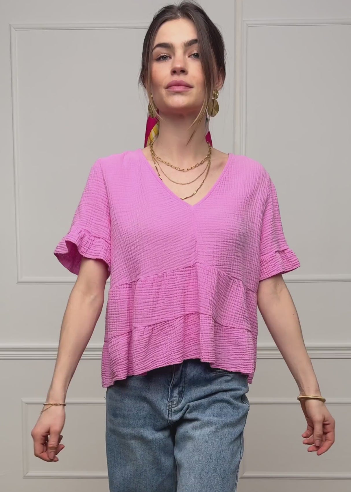 Muslin shirt with flounces - pink