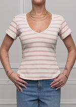 Gestreiftes T-Shirt mit V-Ausschnitt - rosa-offwhite