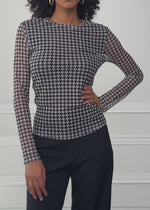 Long-sleeve mesh top with houndstooth pattern - black