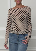 Leicht transparentes Langarmshirt mit Kaschmiranteil und Punkten - beige-schwarz