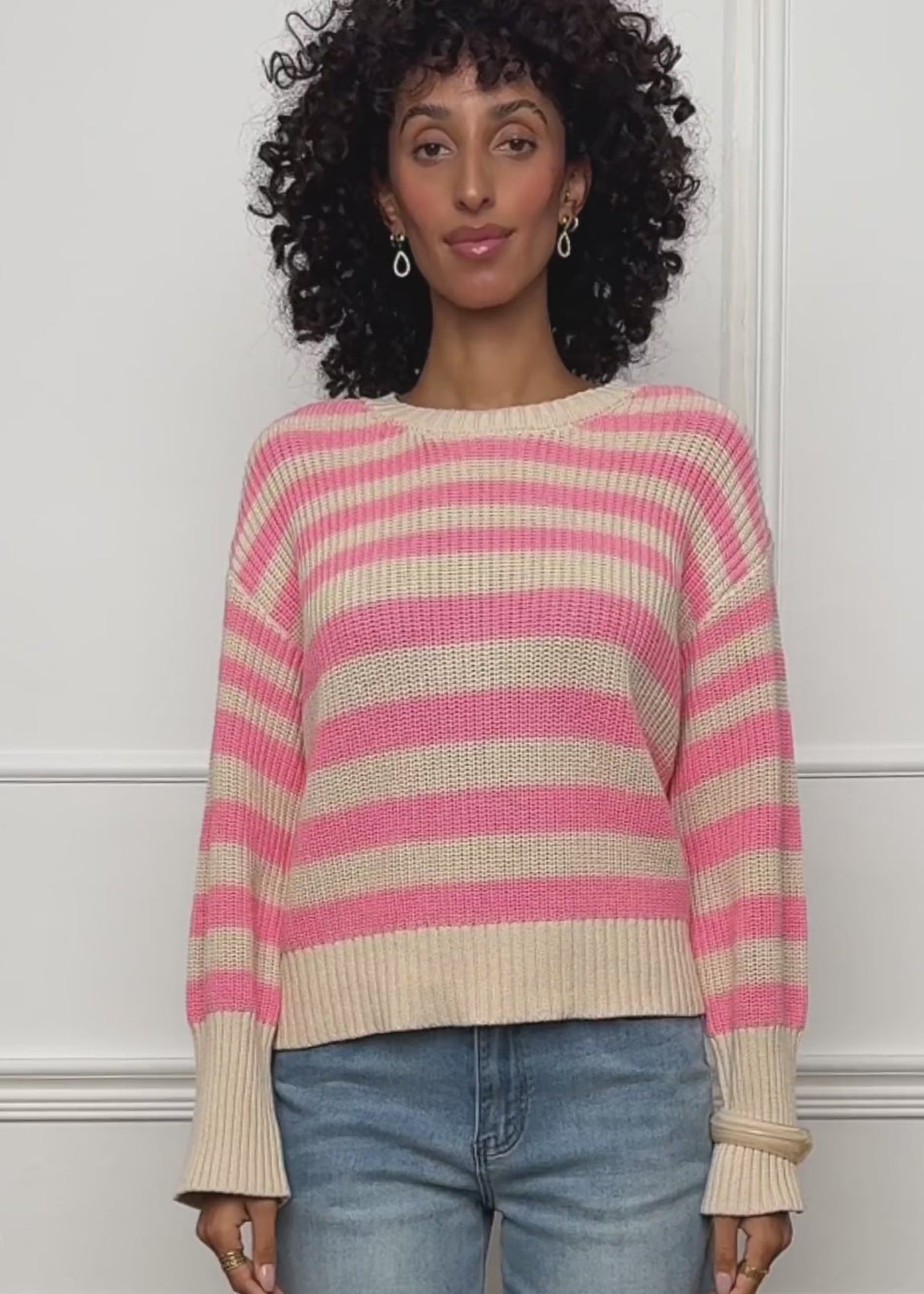 Striped cotton sweater - beige-salmon