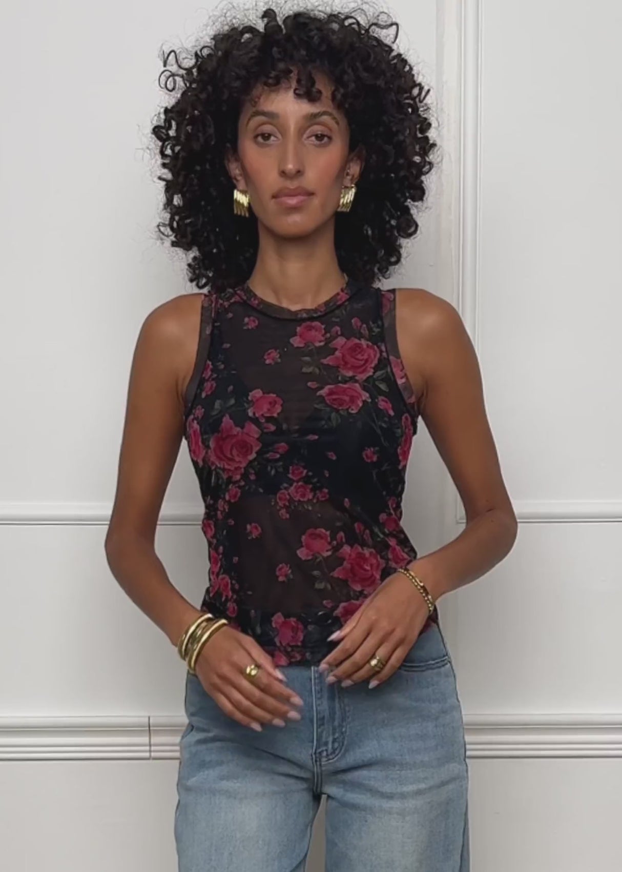 Mesh top with floral print - black