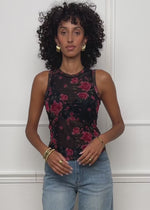 Mesh top with floral print - black