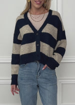 Cardigan with block strips and V-neck-beige-dark blue