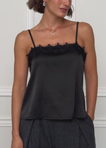 Satin Top mit Spitze - schwarz