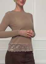 Langarmshirt mit Spitzenborte und Kaschmiranteil - taupe