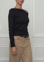 Glitter top with asymmetric neckline - black