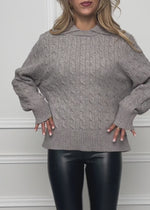 Knit jumper with cable knit and collar - taupe
