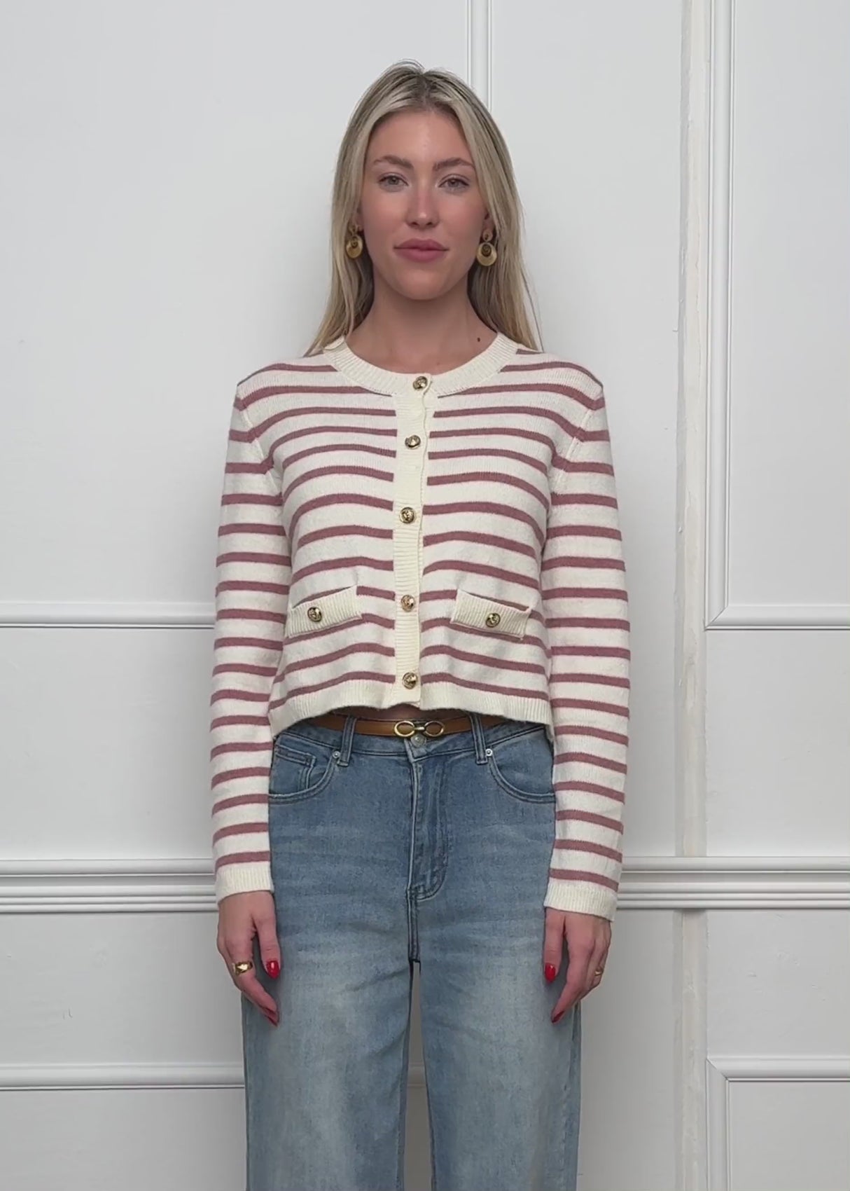 Elegant cardigan with striped pattern - off-white