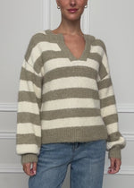 Striped jumper with trim - taupe-offwhite