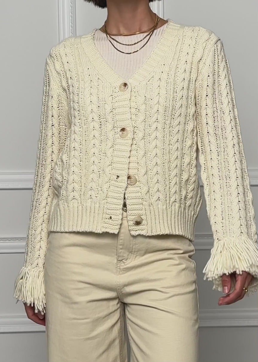 Zopfstrick-Cardigan mit Fransenbündchen - offwhite - SASSYCLASSY