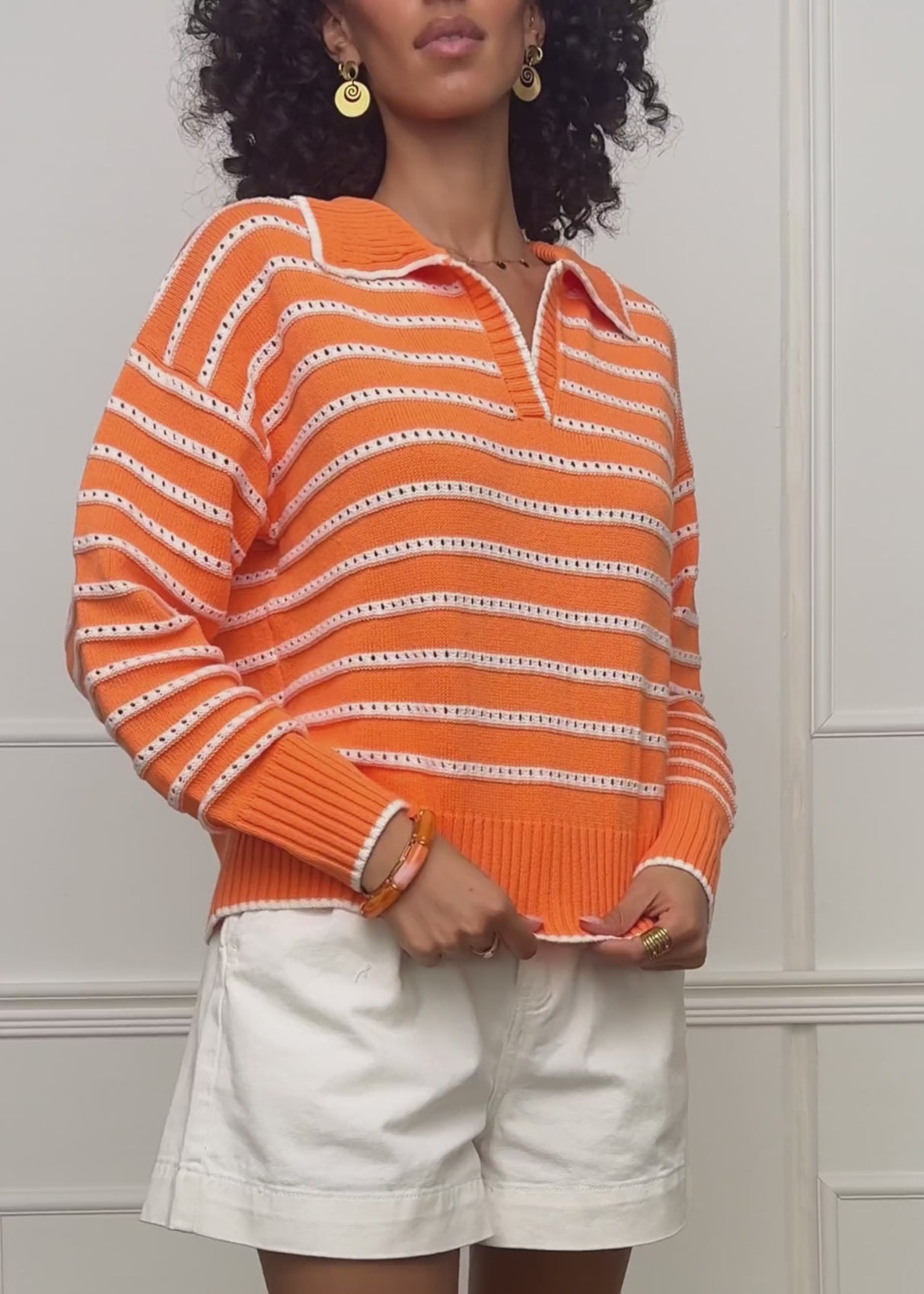 Fine knit sweater with polo collar and openwork stripes - orange by SASSYCLASSY